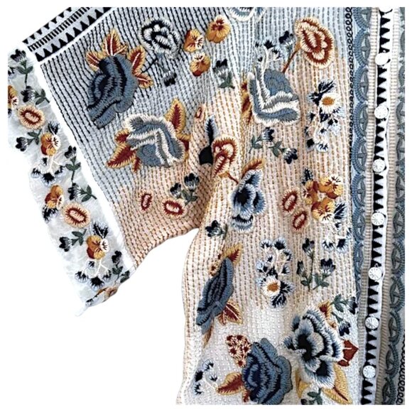 Johnny Was Minerva Embroidered Kimono Blouse Blue Cream XS - Picture 9 of 10